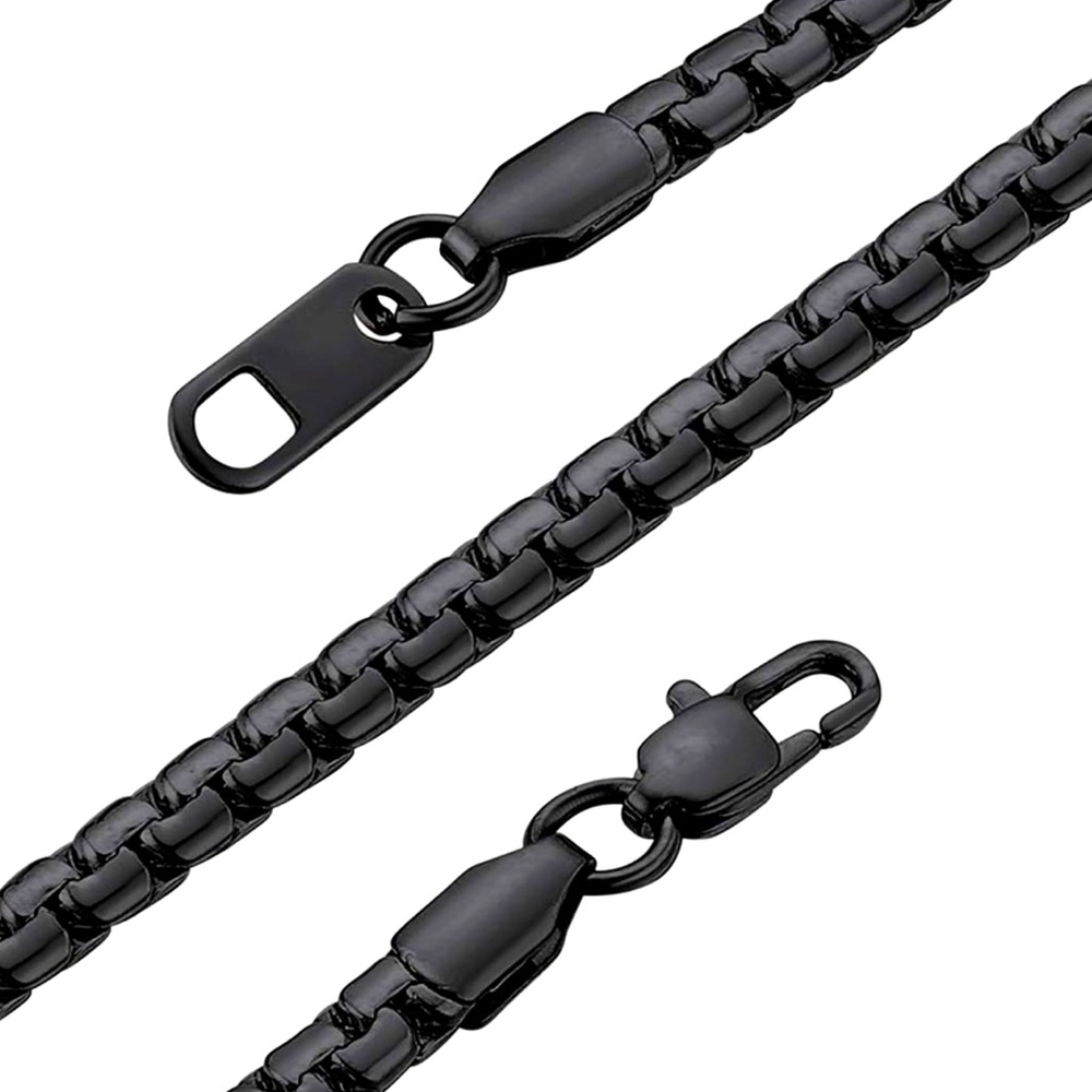 Flat Round Box Link Chain Necklace, Black Rhodium